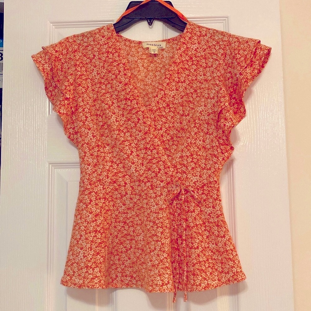 Monteau Women's Orange Floral Top size small
